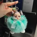 Cute doll keychain with mint green fox fur and grey space buns, ideal for bags - Fruit Green