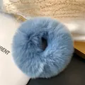 Light blue faux rabbit fur scrunchie with fluffy texture for autumn winter hairstyles - Denim Blue
