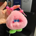 Fuzzy monster peach keychain in hot pink with star eyes and acrylic charm tag - Rose Pink