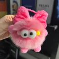 Roze pluche roetbal sleutelhanger met een grote strik en zacht imitatiebont - Roze
