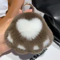 Brown and white faux rabbit fur cat paw keychain charm with gold-tone ring - Brown Gray