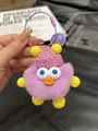 Cute purple Rex rabbit fur duck plush keychain with pink knit hat and metal ring - Taro Purple