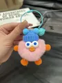 Pink rabbit fur plush bird keychain with blue knit hat and metal ring buckle - Pink