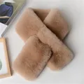 Plush faux rabbit fur scarf in warm camel brown with cross-over slit design for winter - Light Khaki