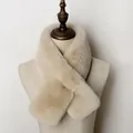 Elegant beige faux rabbit fur cross scarf for women with fluffy and soft texture - Beige