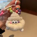 Cute fluffy rabbit fur cartoon coal ball plush keychain and bag pendant charm for women - Beige