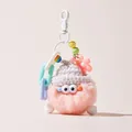 Cute pink fluffy rabbit fur keychain with white knitted hat for bags and backpacks - Pink