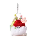 White faux fur fluffy charm keychain with red crochet hat and colorful beads on white background - White