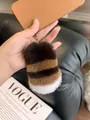 Three-color striped rex rabbit fur keychain plush bag charm in dark coffee and white - Phone Lanyard Style / Coffee Striped