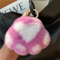 Pink and white heart plush cat paw keychain with gold metal ring and black leather strap - Taro Purple and White