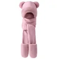 Pink 3-in-1 plush hood scarf glove set with bear ears for thick winter warmth - Dusty Pink