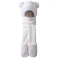 Close-up of white plush 3-in-1 hat scarf gloves set with cute bear ears and soft fur texture - White