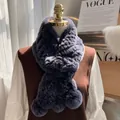 Detail of cross-loop rex rabbit fur scarf in dark grey-purple with plush pom-poms - Frost Blue