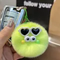 Neon green plush fluffy ball keychain with heart sunglasses and big eyes hanging charm - Green