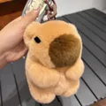 Cute brown capybara plush keychain with soft real rabbit fur and brown hanging loop - Brown