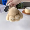 Porte-clés lapin en fourrure avec nœud à carreaux sur clés de voiture décoratives - Café Beige