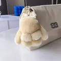 Porte-clés lapin mignon en fourrure véritable avec nœud en dentelle sur sac blanc - Blanc Crème