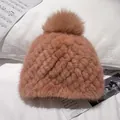 Brown mink fur knit hat for kids with a large fluffy pompom and thick thermal weave - One Size / Dusty Rose