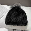 Winter kids mink fur hat in black with a fluffy fox fur pom pom on a premium knit cap - One Size / Black