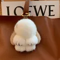 Cute mink fur bunny keychain with sparkling rhinestone paws and gold metal ring - Khaki Ears Rhinestone Paws