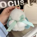 Cute plush bunny keychain for bags featuring soft white faux fur and a green checkered bow - Lake Blue Ears