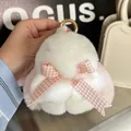 Cute plush bunny keychain with pink checkered bow and golden ring for bags or keys - Pink Ears