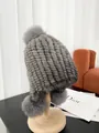 Winter mink fur earflap hat in dark grey with three fluffy fur pom-poms for women - Natural Gray