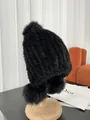 Winter mink fur earflap beanie for women with triple fur pom-poms in solid black finish - Black