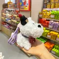 White fluffy Westie puppy plush keychain with black beanie and red bow tie charm - Red Plaid Collar / 15cm