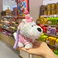 Handheld plush West Highland Terrier dog keychain wearing a pink hat and striped shirt - Pink White Stripes / 15cm