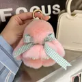 Pink plush bunny keychain with teal plaid bow and golden metal ring for bag charm - Pink