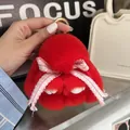 Niedlicher roter Plüsch-Hase Schlüsselanhänger mit rosa karierter Schleife und Ring - Rot