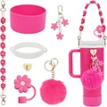 Détails de l'ensemble d'accessoires roses pour gobelets avec gaine et capuchons de paille - Accessoires Rose Vif