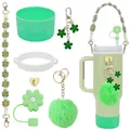 Ensemble détaillé avec coque en silicone verte, capuchon de paille et cordon pour tasses - Accessoires Verts