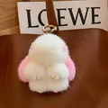 Cute mink fur bunny bag charm in cream and pink with a golden ring keychain - Pink Ears Leather Paws