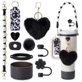 Stanley Cup Zubehör-Set mit schwarzem Gänseblümchen-Lanyard und Herz-Plüsch-Anhänger - Schwarz