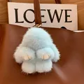 Light blue fluffy mink fur rabbit charm with gold metal hook for handbags and keys - Lake Blue Leather Paws