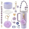 Lavender purple accessory set for tumbler featuring silicone sleeve and flower charm strap - Purple