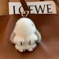 Plush mink fur rabbit charm in white and grey with sparkling rhinestone paws and gold ring - Natural Gray Ears Rhinestone Paws
