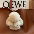 Cute beige mink fur rabbit keychain with sparkling rhinestone paws and long ears - Khaki Rhinestone Paws