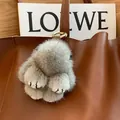 Cute light grey mink fur bunny keychain with sparkling rhinestones and gold clasp - Natural Gray Rhinestone Paws