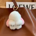 Cute white and pink mink fur rabbit keychain charm with silver rhinestones and gold clasp - Pink Ears Rhinestone Paws