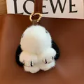 Cute black and white mink fur bunny charm with sparkling rhinestone paws and golden ring - Black Ears Rhinestone Paws