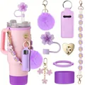 Purple silicone straw covers and cup accessories kit for large insulated tumblers - Purple