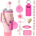 Pink 40oz insulated tumbler set with cherry blossom straw topper and floral accessories - Rose Red A