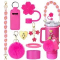 Rosa Kirschblüten-Strohhalm-Set mit gewebtem Gänseblümchen-Griff und Schlüsselanhänger - Rosarot B