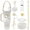 40oz cream insulated tumbler set with flower straw cover and woven handle accessories - White