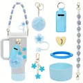Blaues Kirschblüten Strohhalm Set mit gewebtem Griff und Pompon Anhänger für Becher - Blau