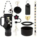 All-black 40oz tumbler accessory set with straw cover daisy charm and sleeve - Black