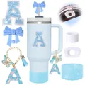 Blue 40oz tumbler accessories set with letter A charm, bow straw cover, and glitter boot - Letter A / Light Blue Style